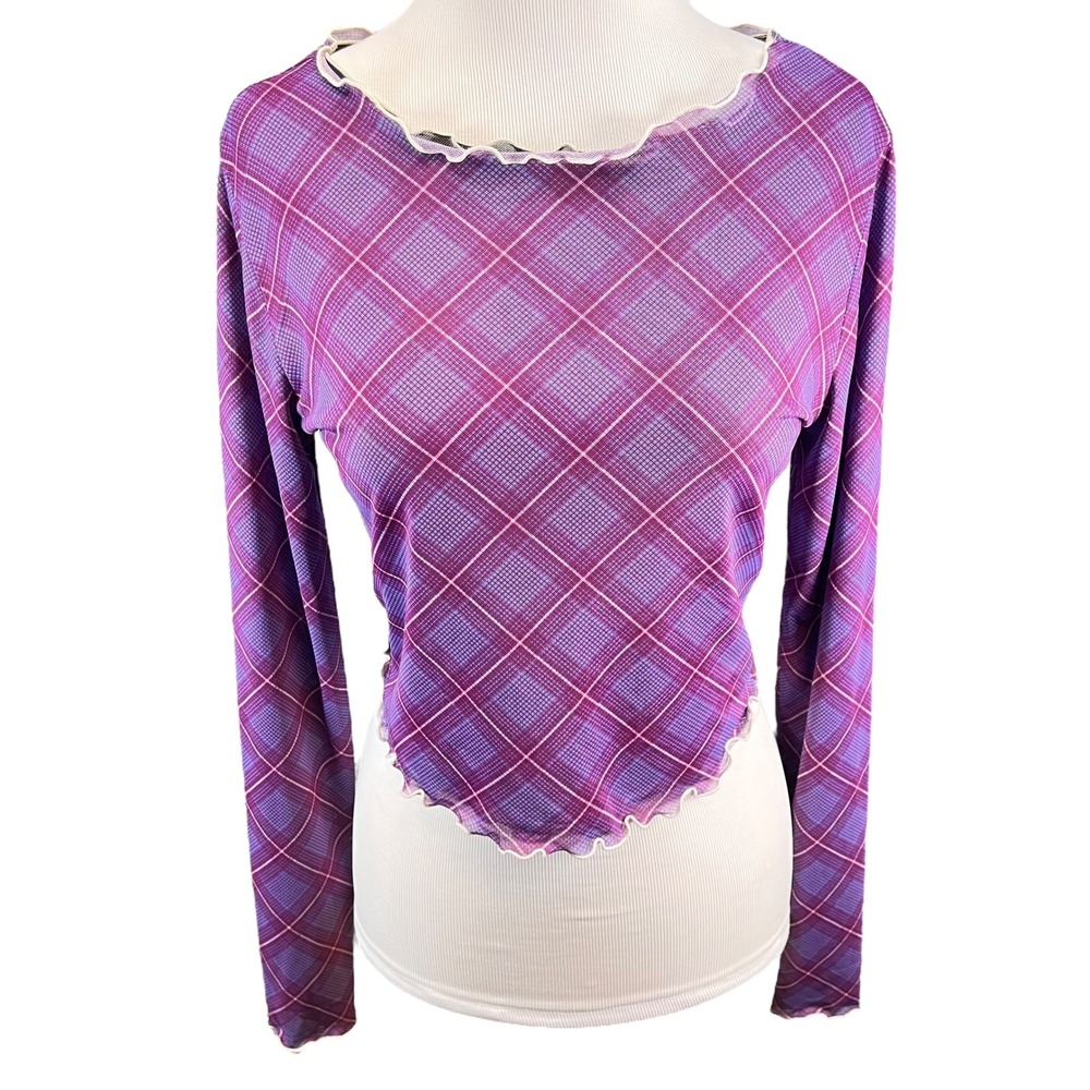 BP Plaid Mesh Lettuce‎ Hem Sheer Long Sleeve Y2K Fairy Grunge Women's Medium